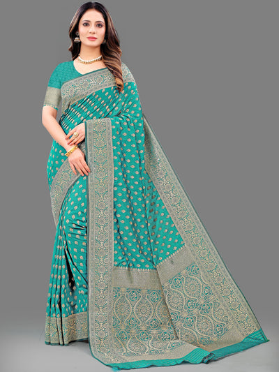 Teal Silk Blend Woven Saree With Unstitched Blouse