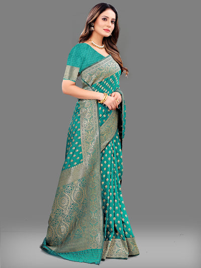 Teal Silk Blend Woven Saree With Unstitched Blouse