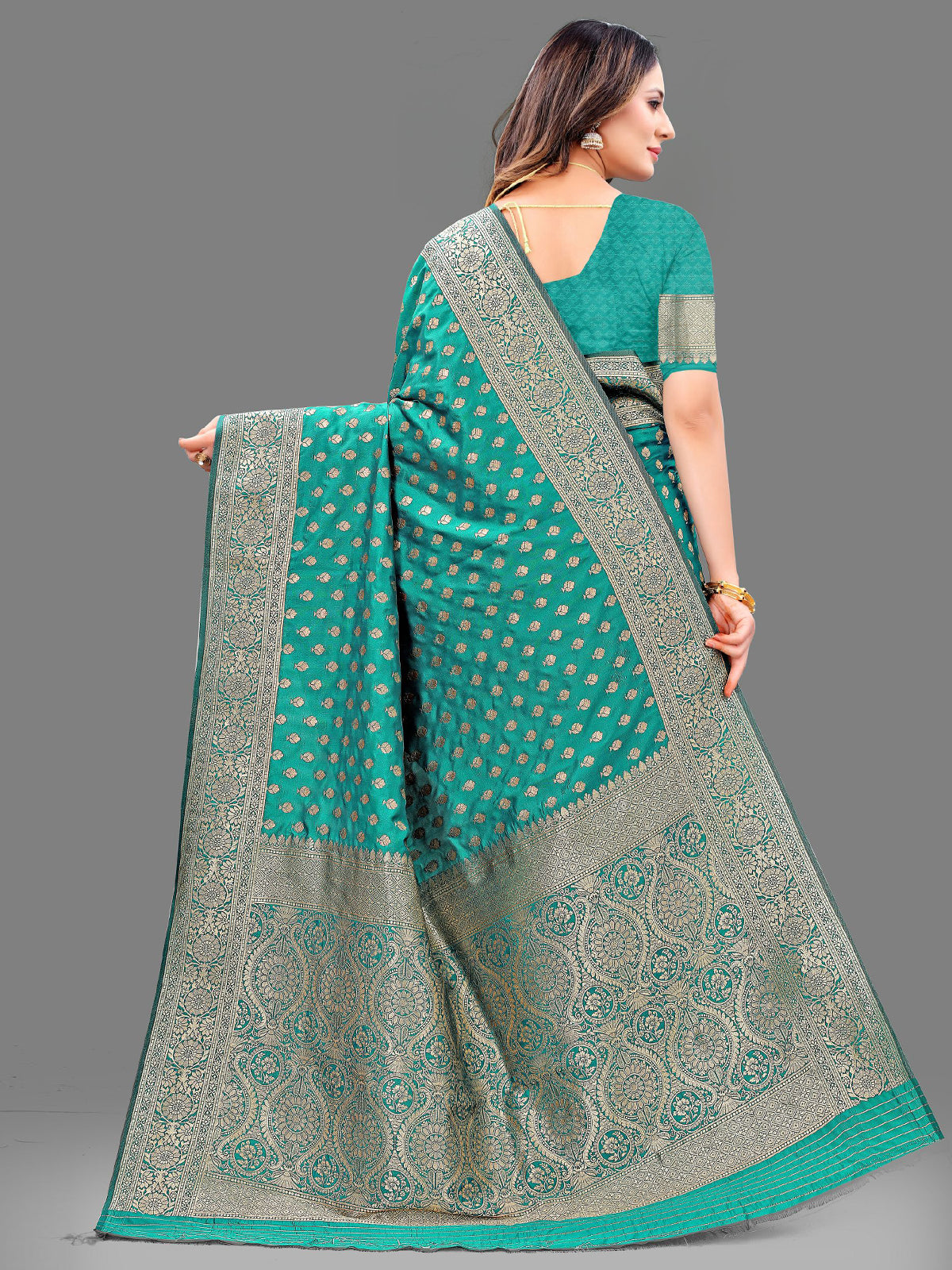 Teal Silk Blend Woven Saree With Unstitched Blouse