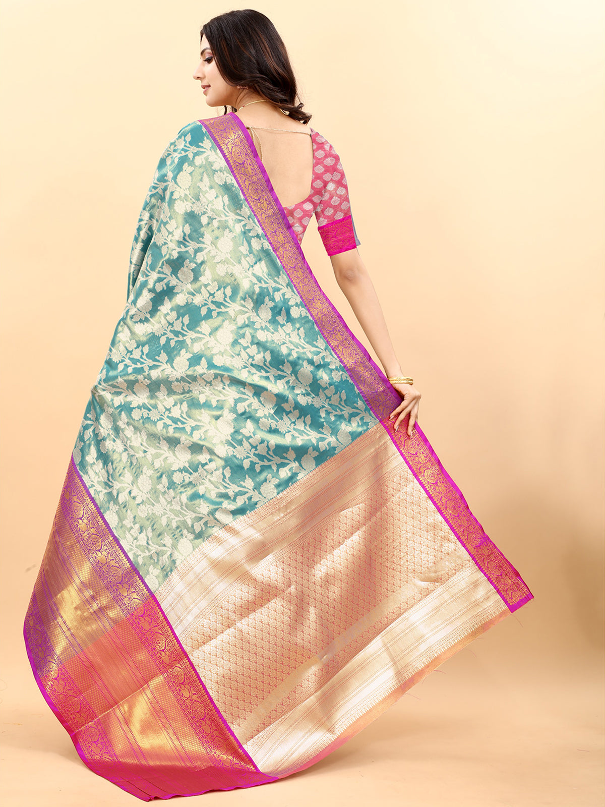 Blue Silk Woven Saree With Unstitched Blouse