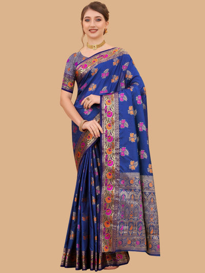 Odette Dark Blue Silk Blend Woven Saree with Unstitched Blouse for Women