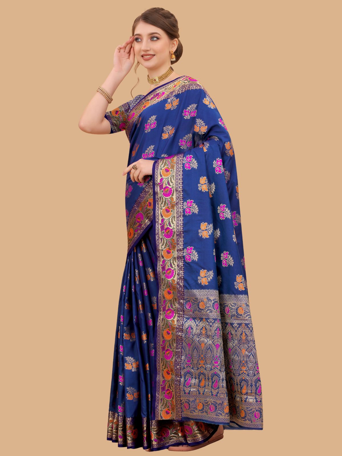 Odette Dark Blue Silk Blend Woven Saree with Unstitched Blouse for Women