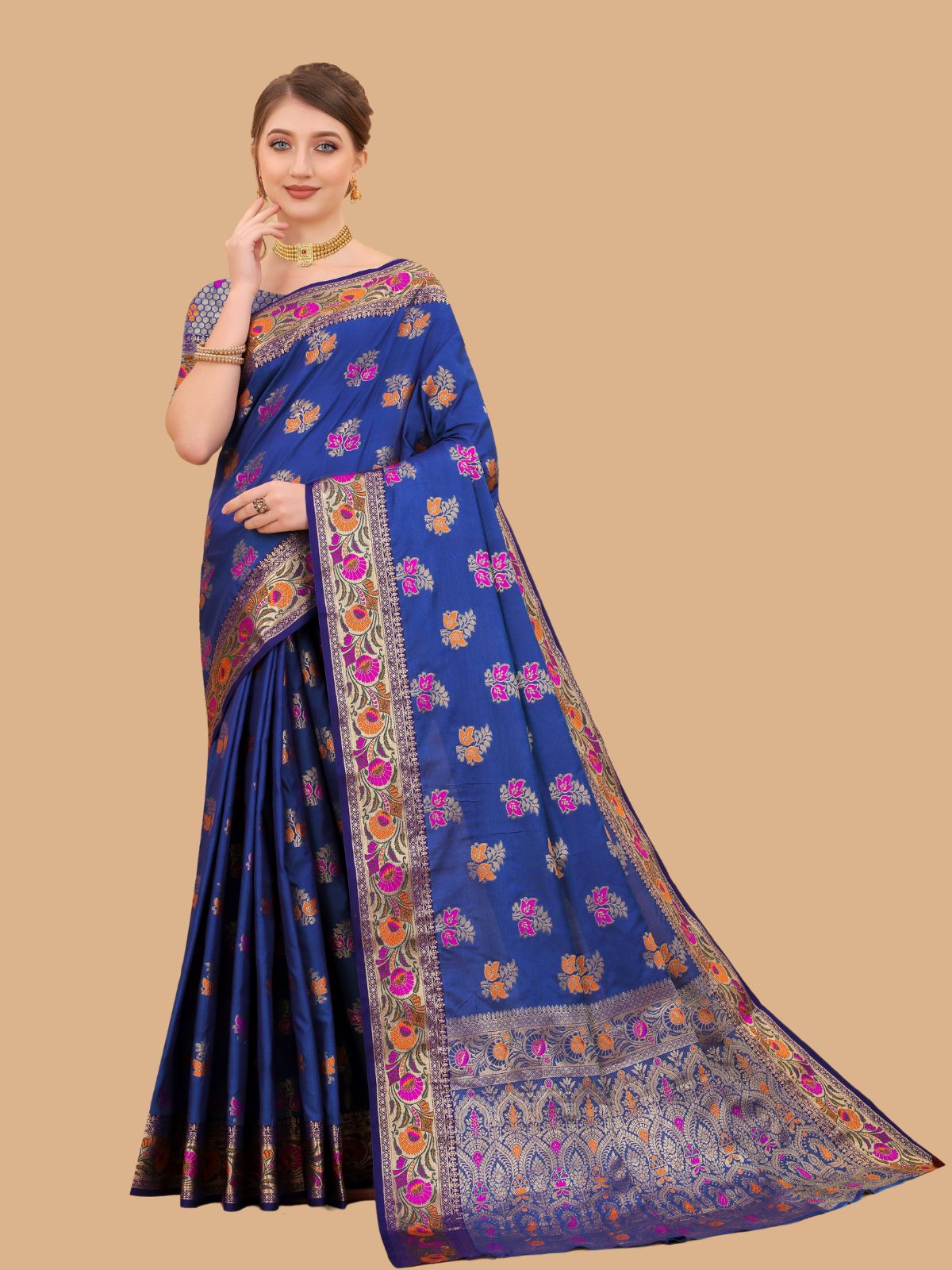 Odette Dark Blue Silk Blend Woven Saree with Unstitched Blouse for Women