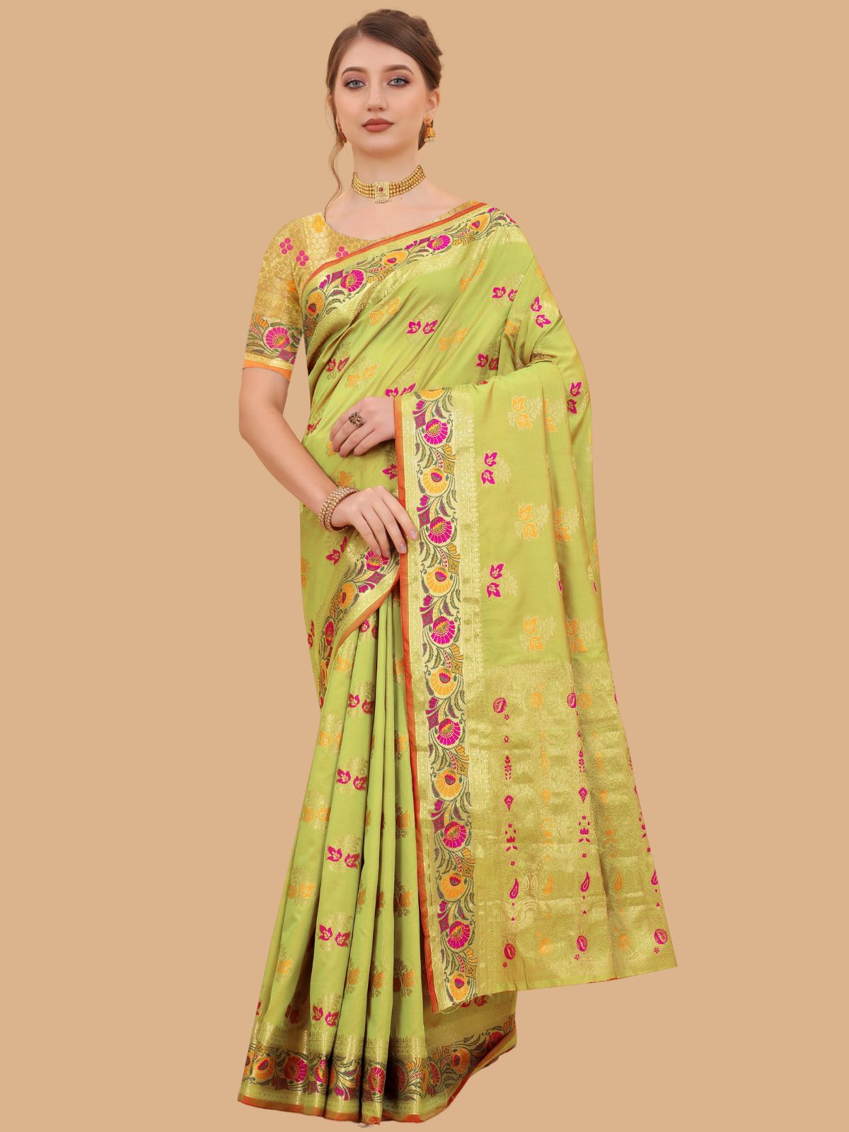 Odette Light Green Silk Blend Woven Saree with Unstitched Blouse for Women