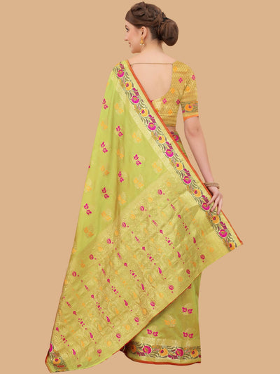 Odette Light Green Silk Blend Woven Saree with Unstitched Blouse for Women