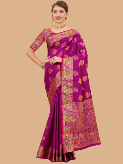 Odette Magenta Silk Blend Woven Saree with Unstitched Blouse for Women