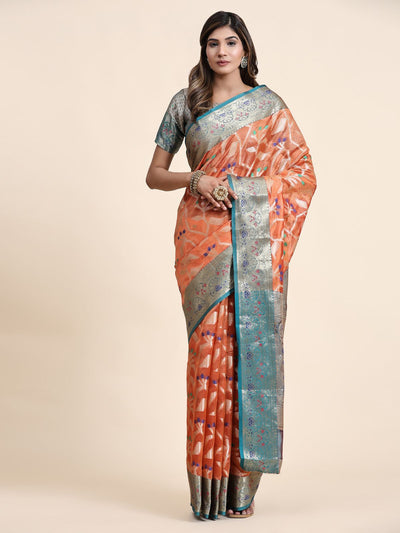 Odette Orange Silk Organza Woven Saree with Unstitched Blouse for Women