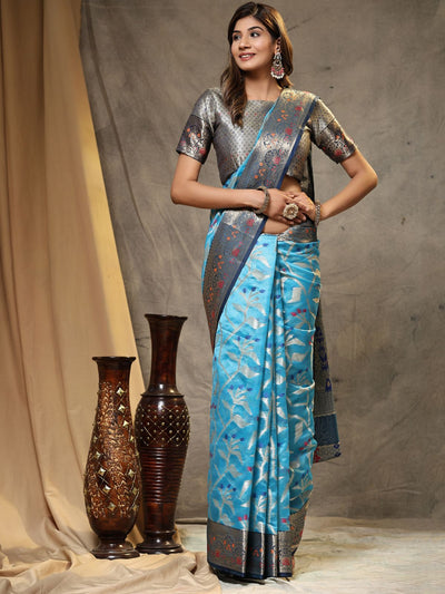 Odette Light Blue Silk Organza Woven Saree with Unstitched Blouse for Women