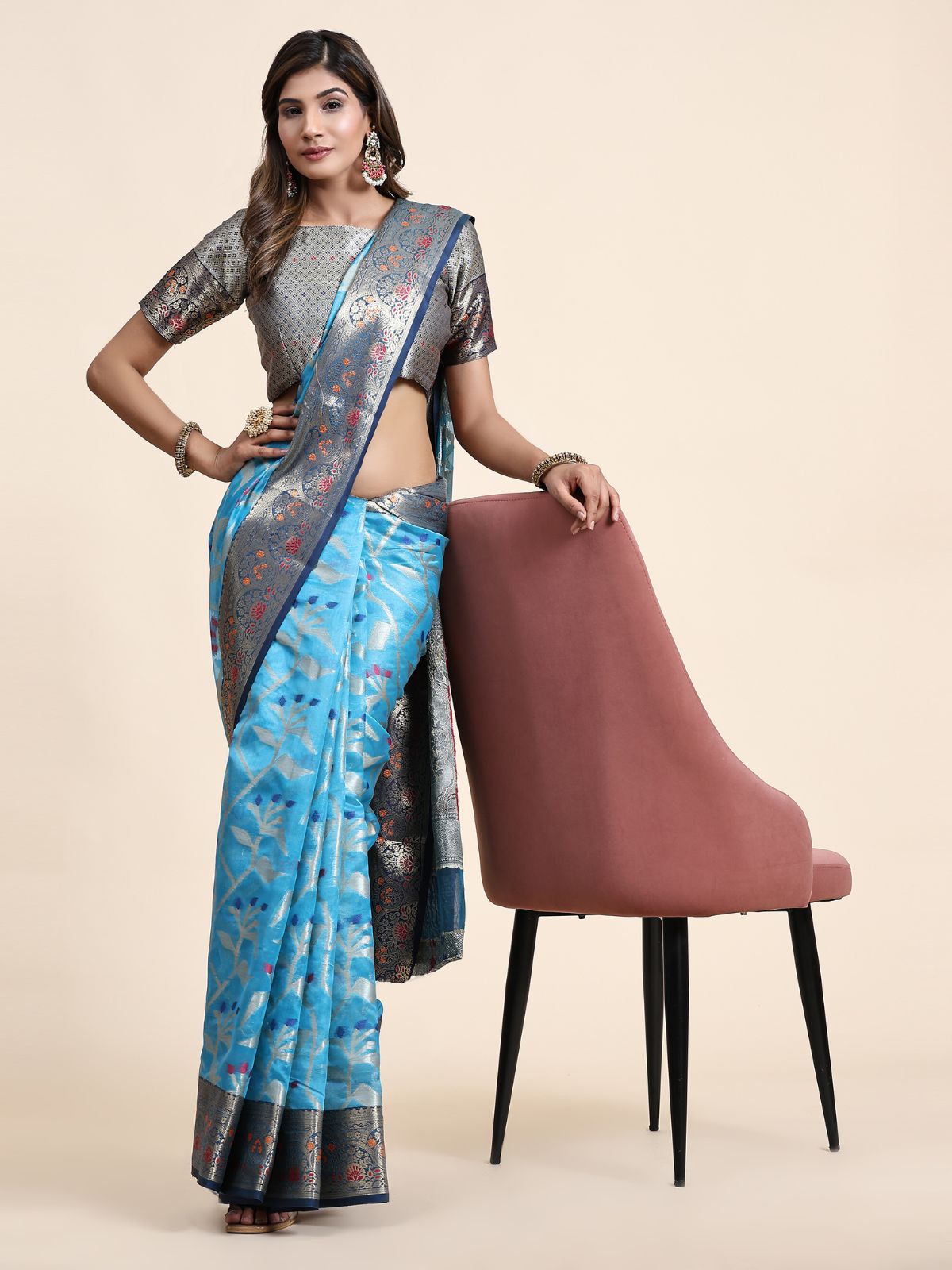 Odette Light Blue Silk Organza Woven Saree with Unstitched Blouse for Women