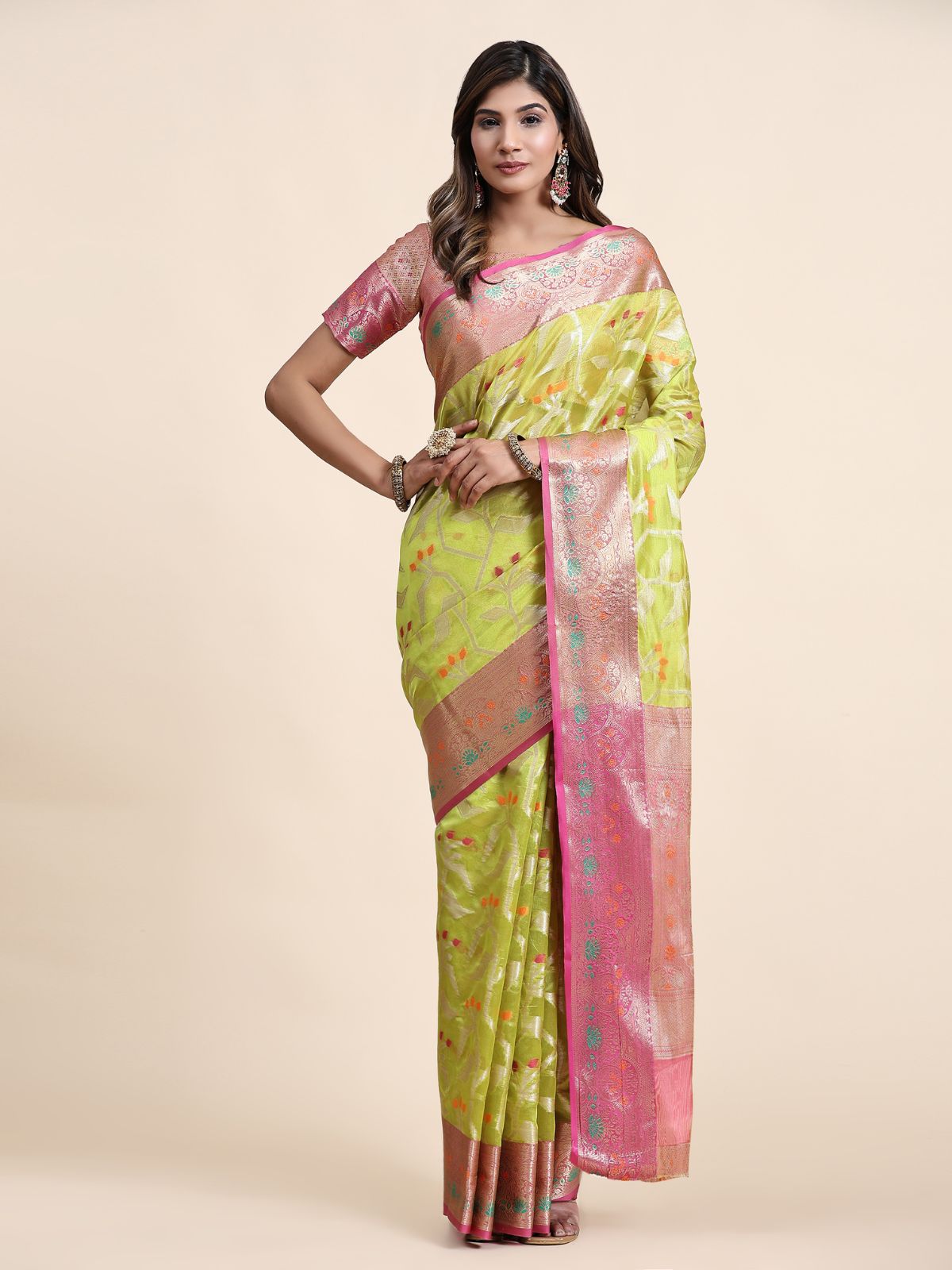 Odette Light Green Silk Organza Woven Saree with Unstitched Blouse For Women