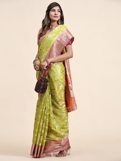 Odette Light Green Silk Organza Woven Saree with Unstitched Blouse For Women
