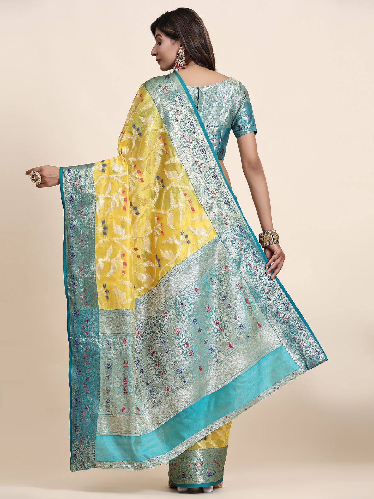 Odette Yellow Silk Organza Woven Saree with Unstitched Blouse for Women