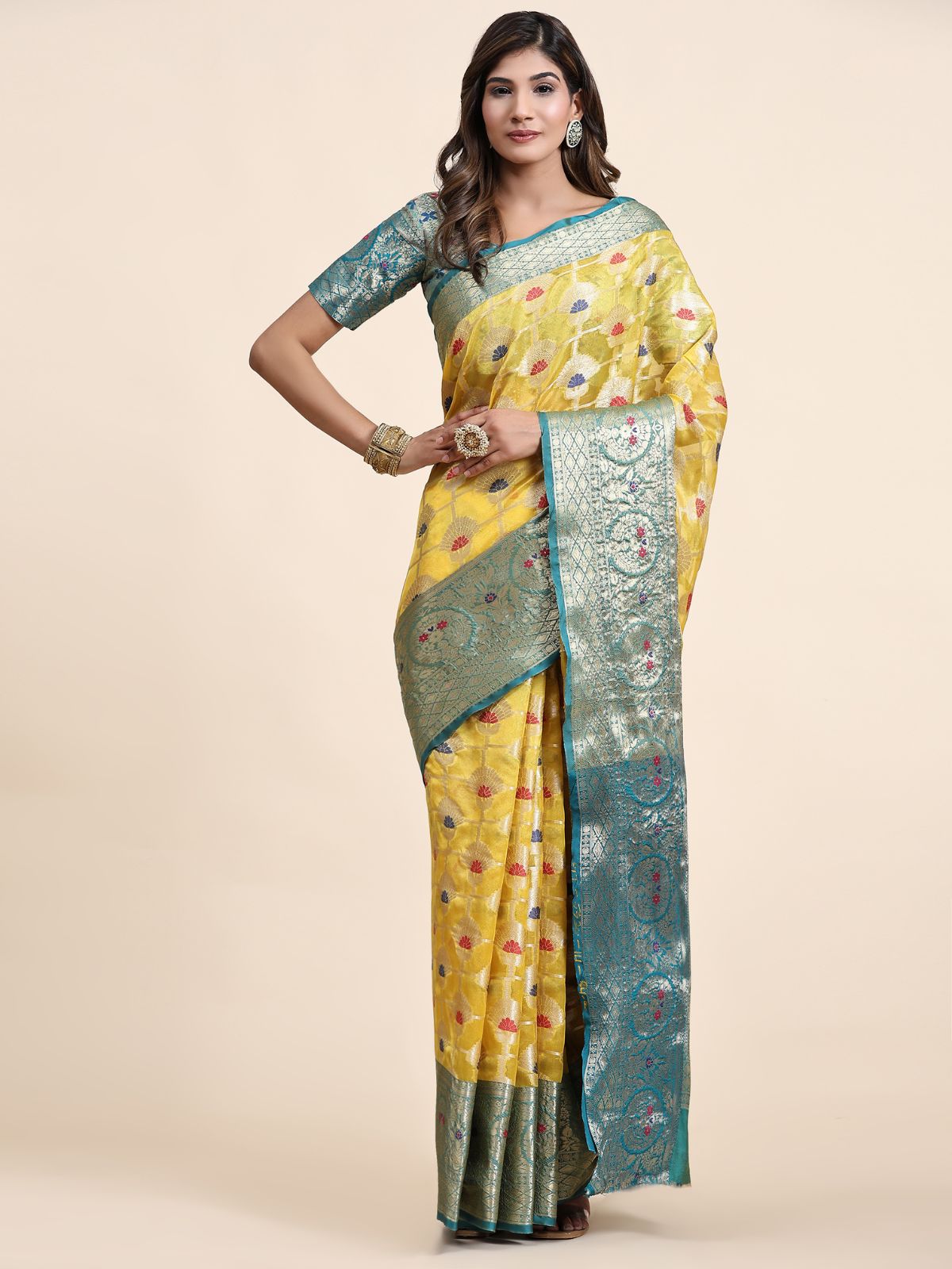 Odette Yellow Silk Organza Woven Saree with Unstitched Blouse for Women
