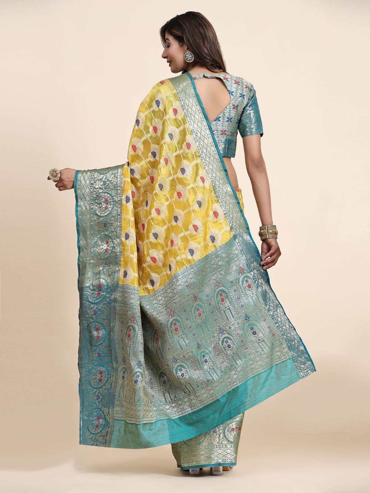 Odette Yellow Silk Organza Woven Saree with Unstitched Blouse for Women