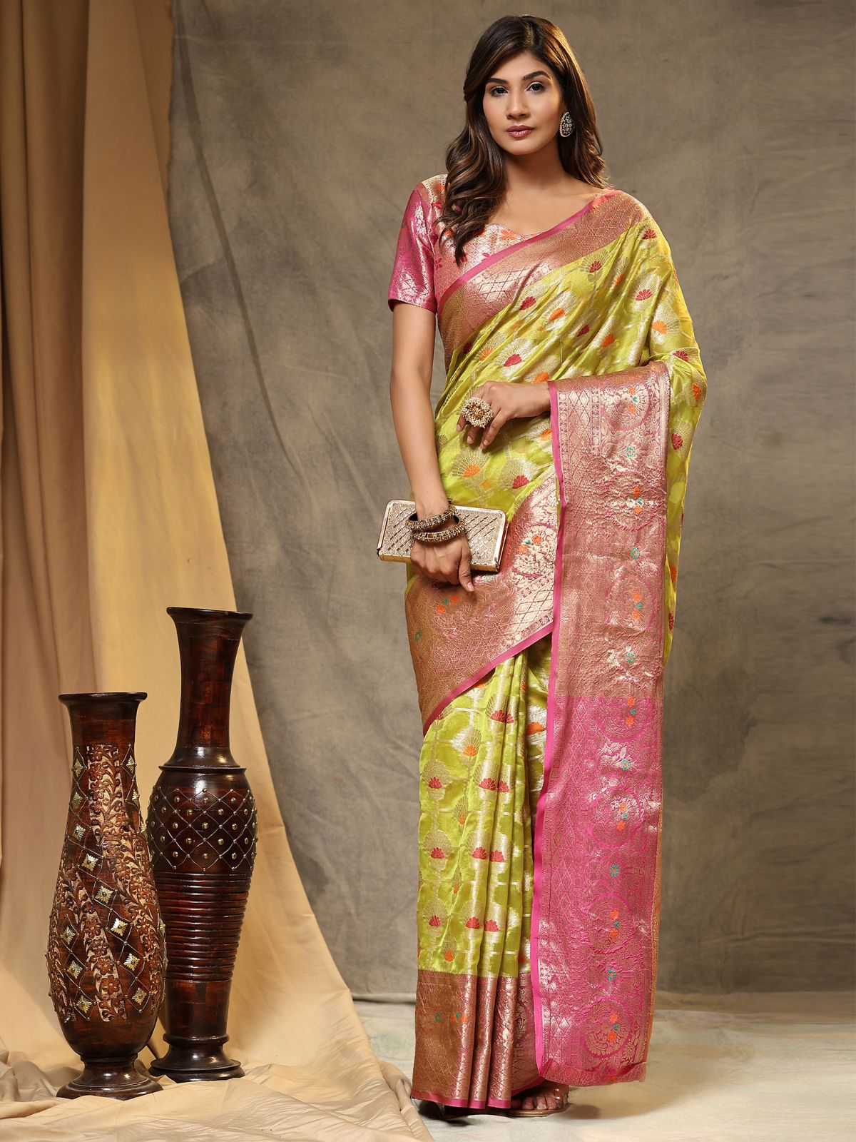 Odette Light Green Silk Organza Woven Saree with Unstitched Blouse for Women