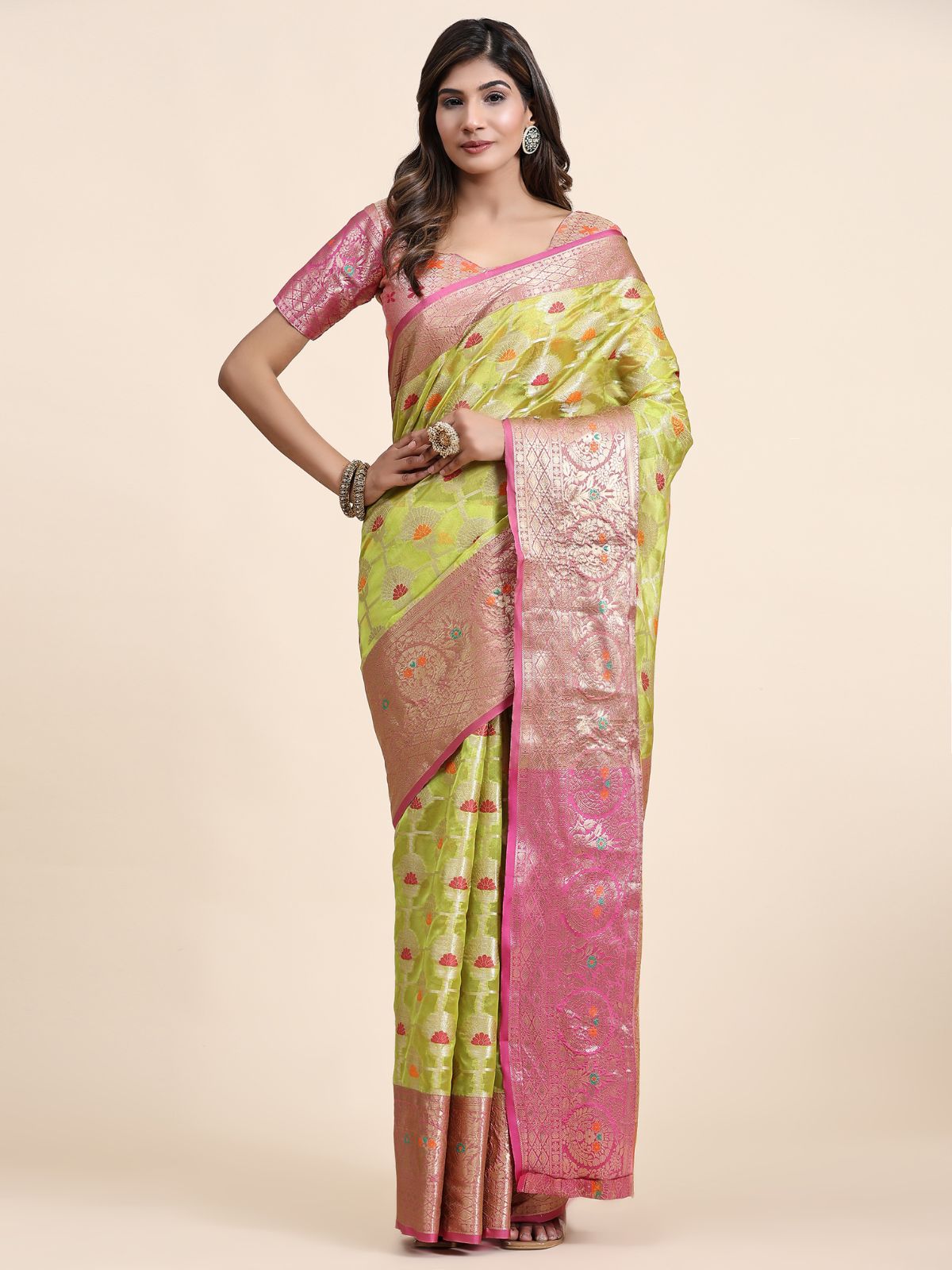 Odette Light Green Silk Organza Woven Saree with Unstitched Blouse for Women