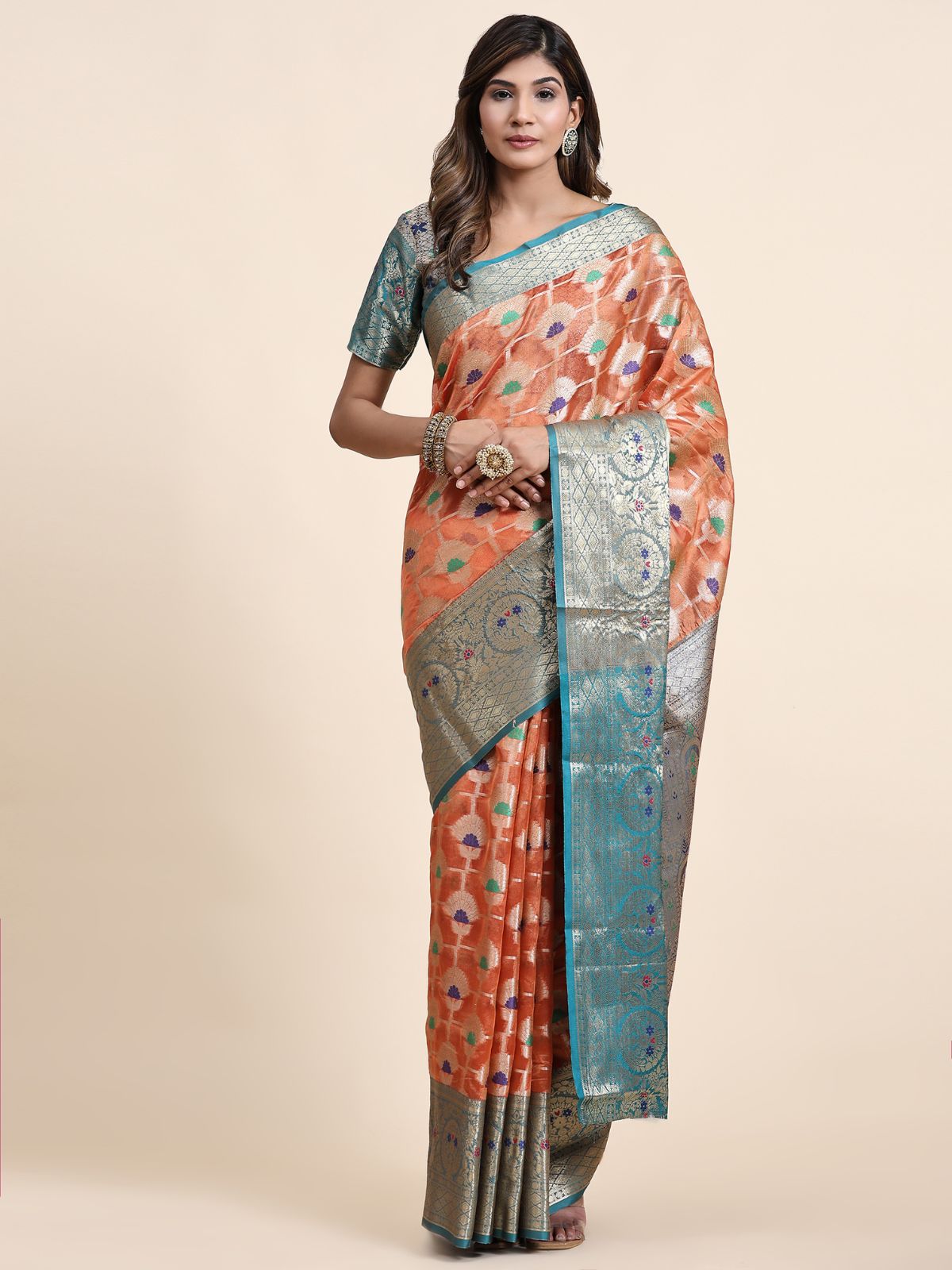 Odette Orange Silk Organza Woven Saree with Unstitched Blouse for Women