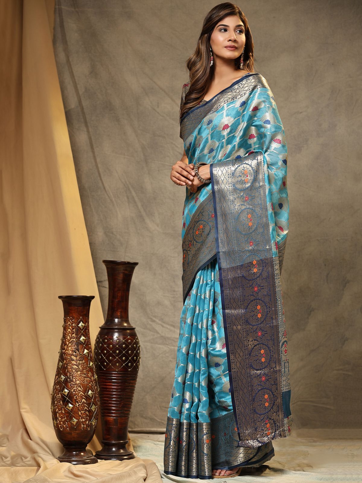Odette Sky Blue Silk Organza Woven Saree with Unstitched Blouse for Women