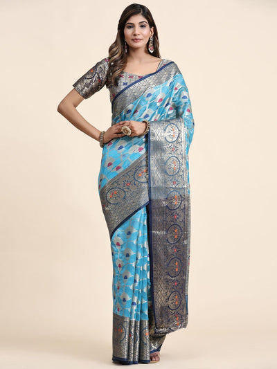 Odette Sky Blue Silk Organza Woven Saree with Unstitched Blouse for Women