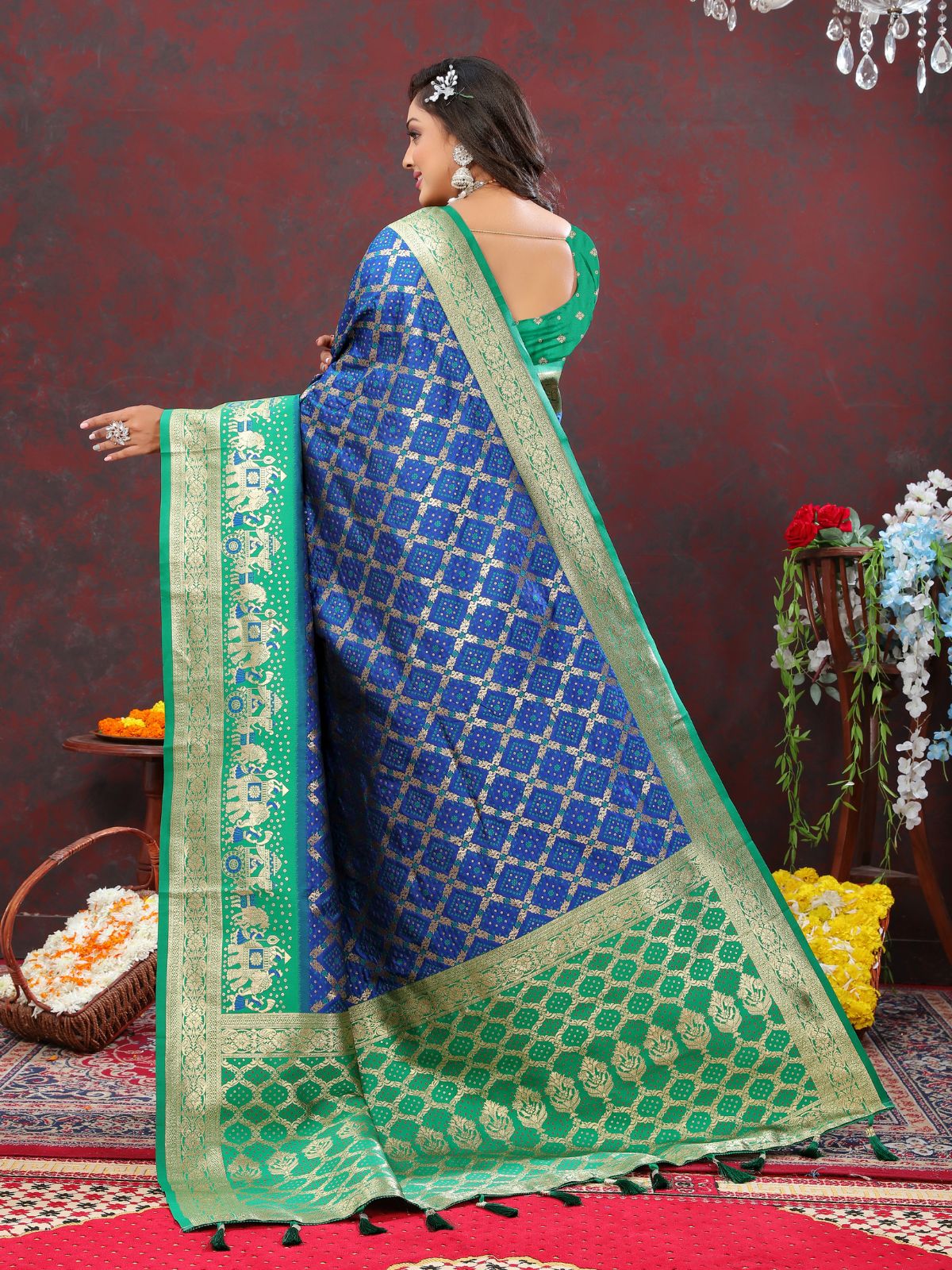 Odette Blue Patola Silk Woven Saree with Unstitched Blouse for Women