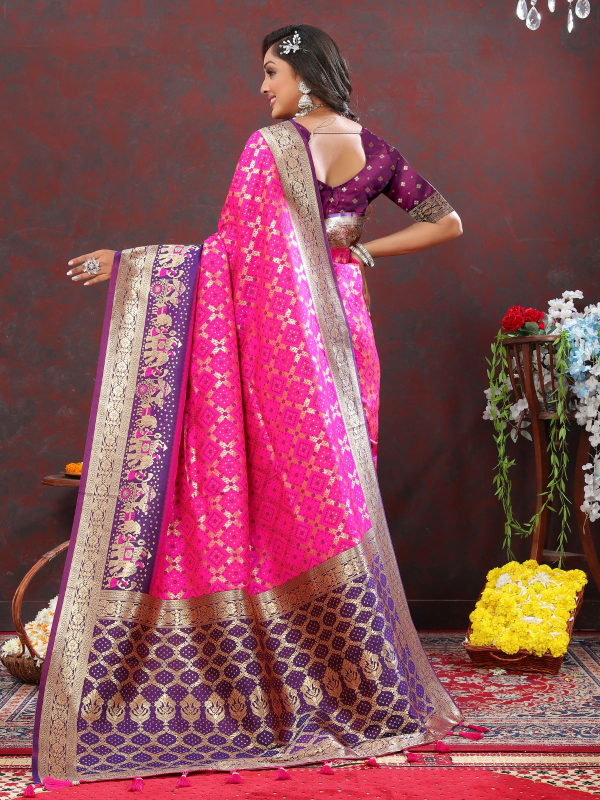 Odette Pink Patola Silk Woven Saree with Unstitched Blouse for Women