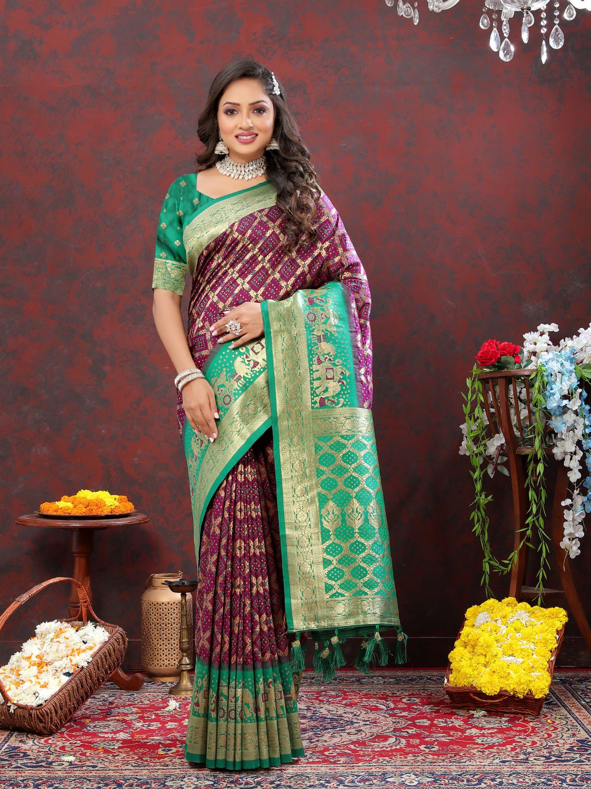 Odette Violet Patola Silk Woven Saree with Unstitched Blouse for Women