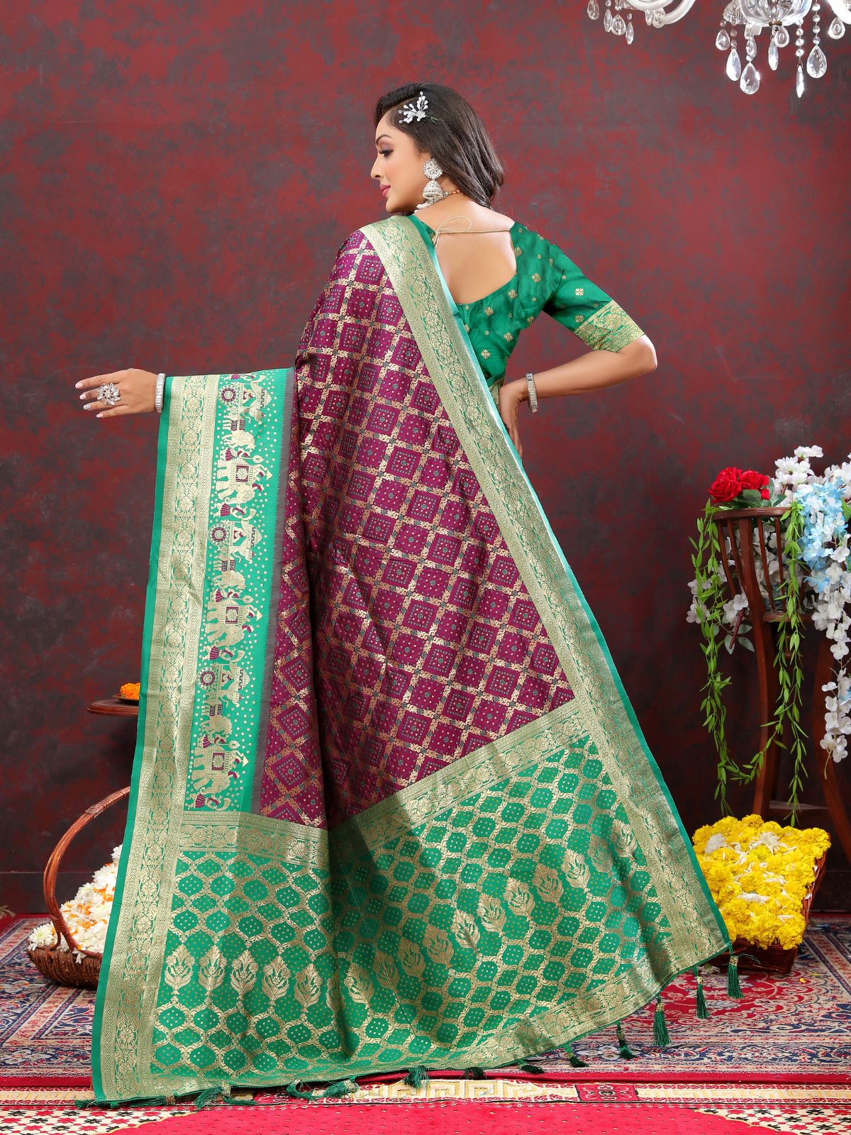 Odette Violet Patola Silk Woven Saree with Unstitched Blouse for Women