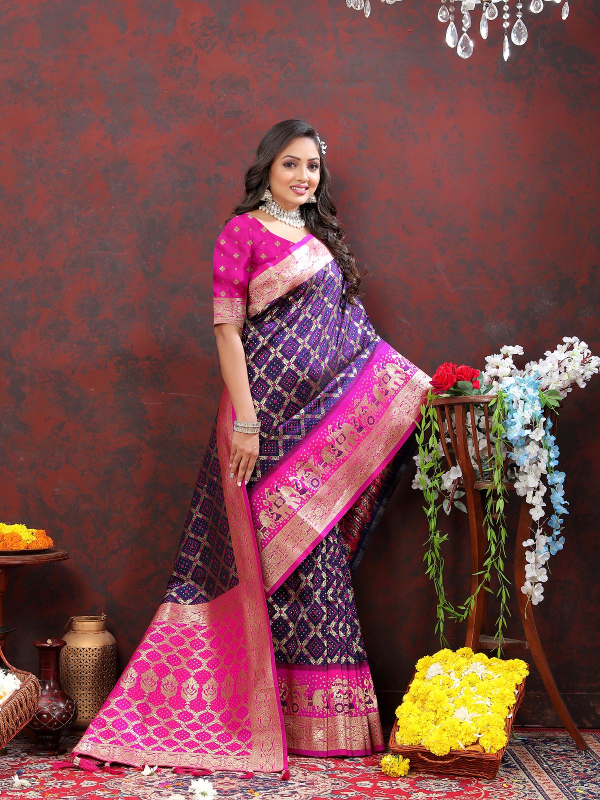 Odette Purple Patola Silk Woven Saree with Unstitched Blouse for Women