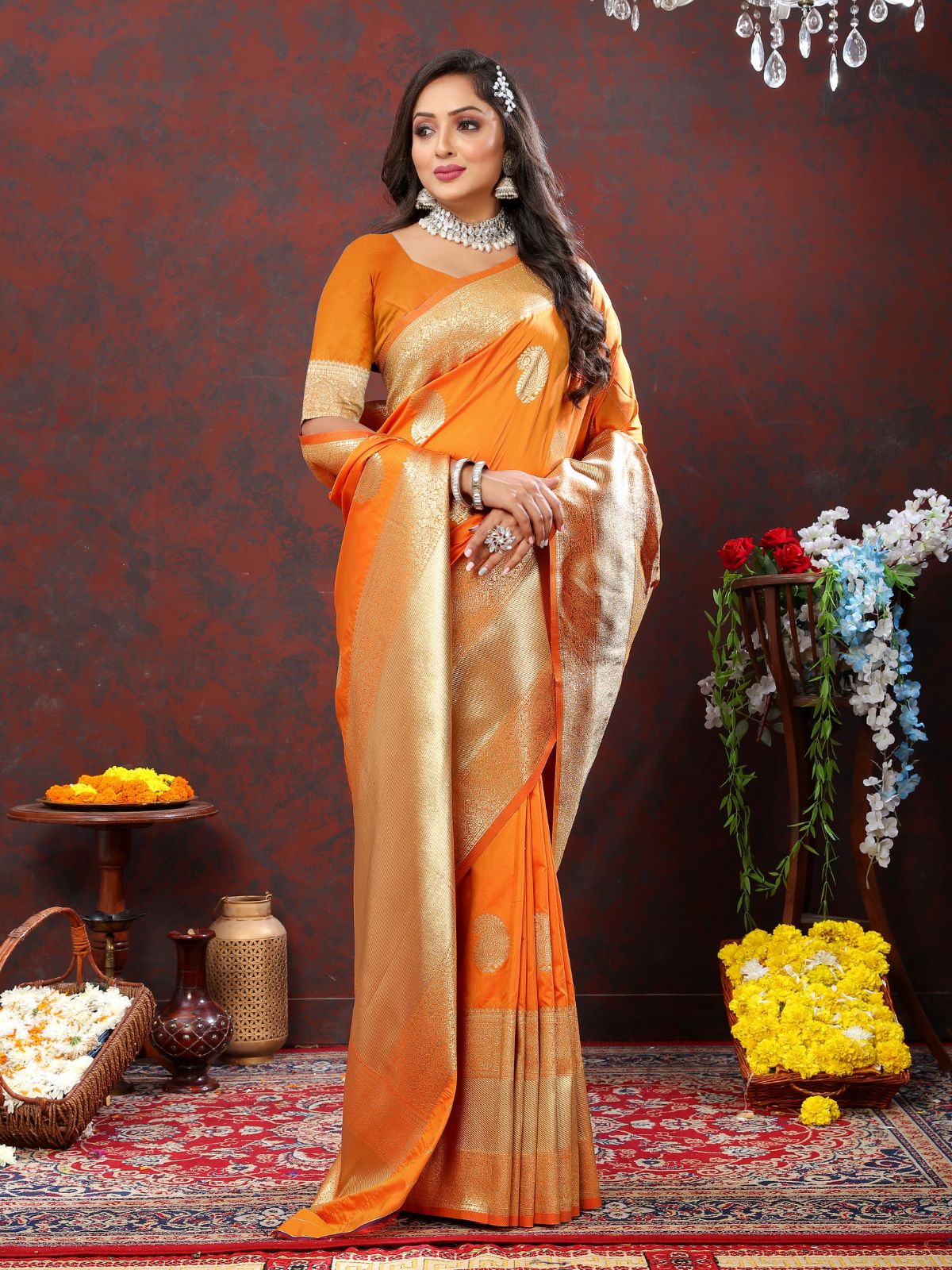 Odette Orange Silk Woven Saree with Unstitched Blouse for Women