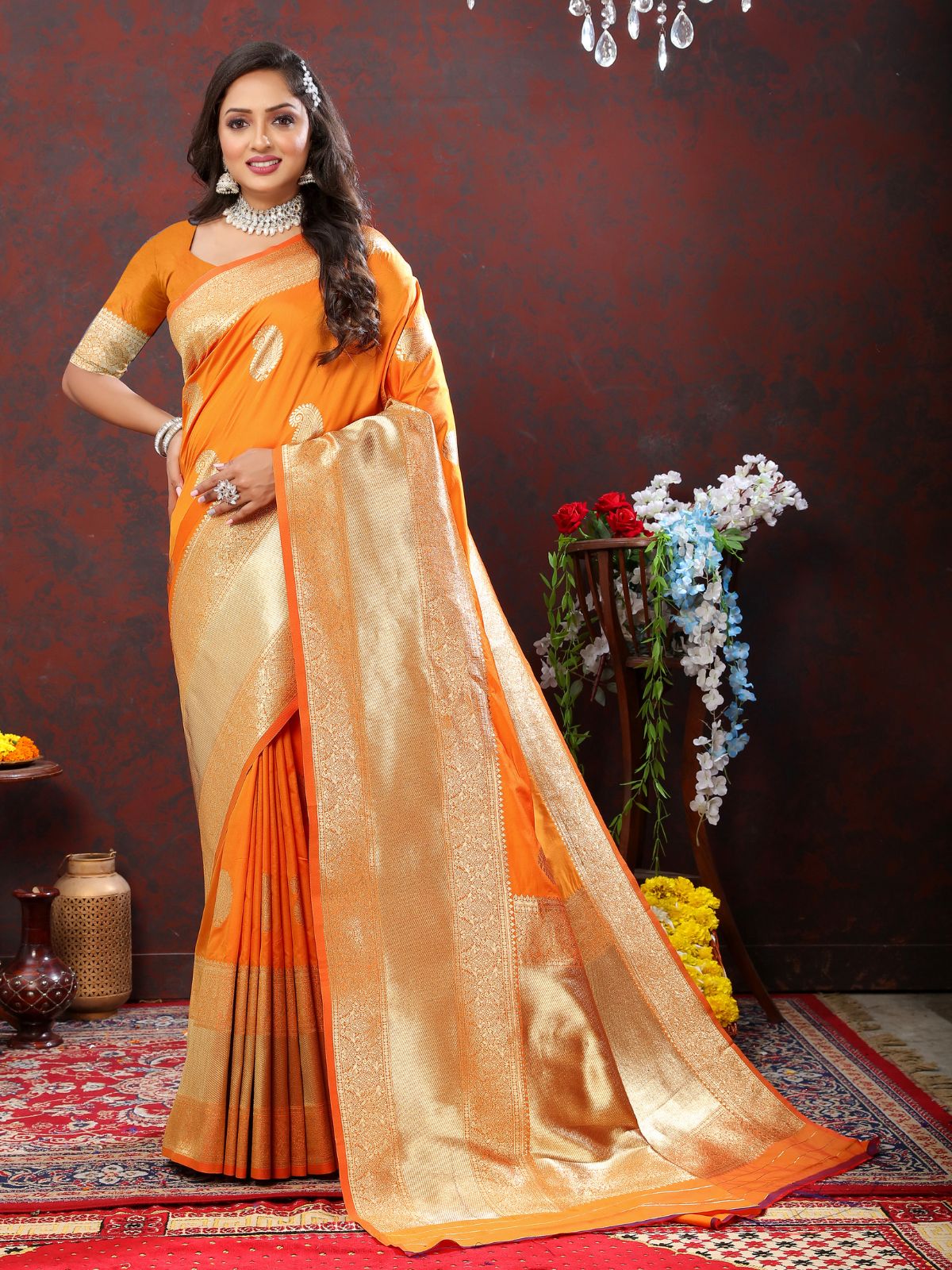 Odette Orange Silk Woven Saree with Unstitched Blouse for Women