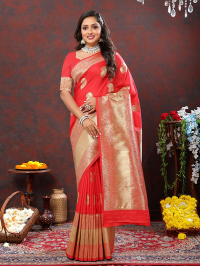 Odette Red Silk Woven Saree with Unstitched Blouse for Women