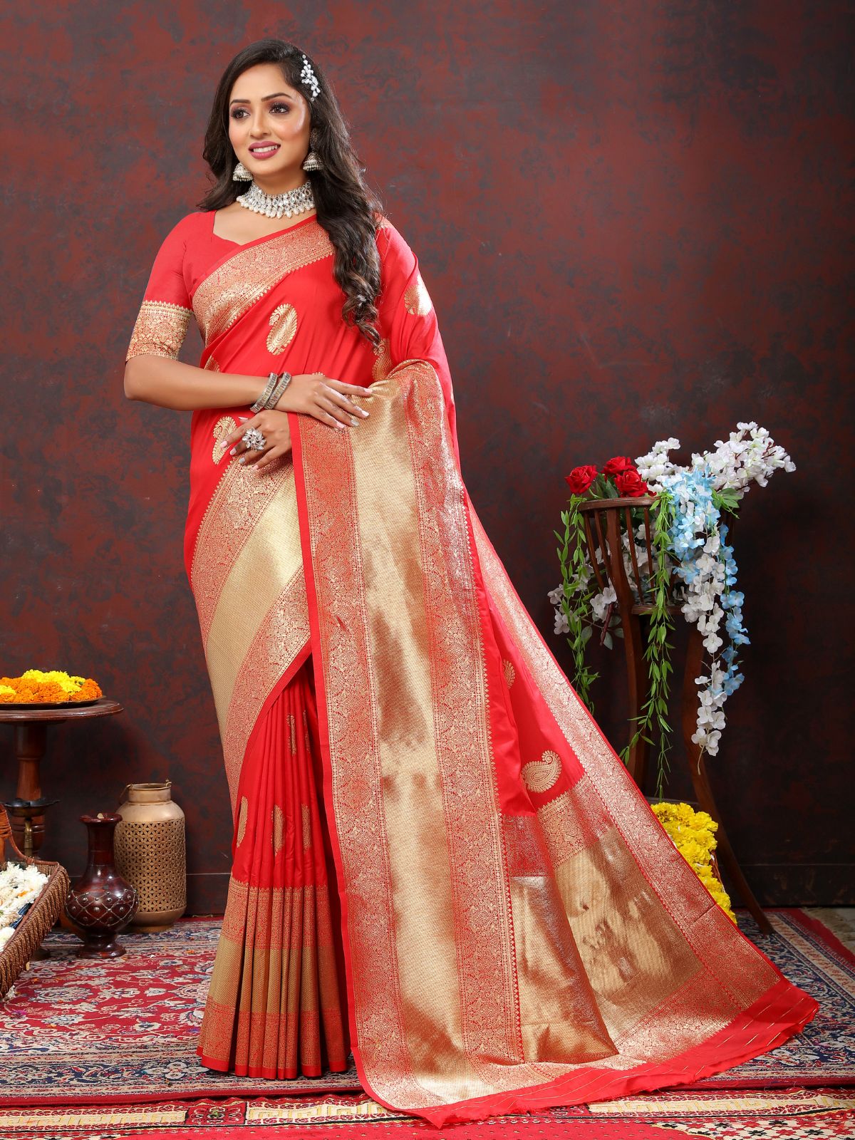 Odette Red Silk Woven Saree with Unstitched Blouse for Women