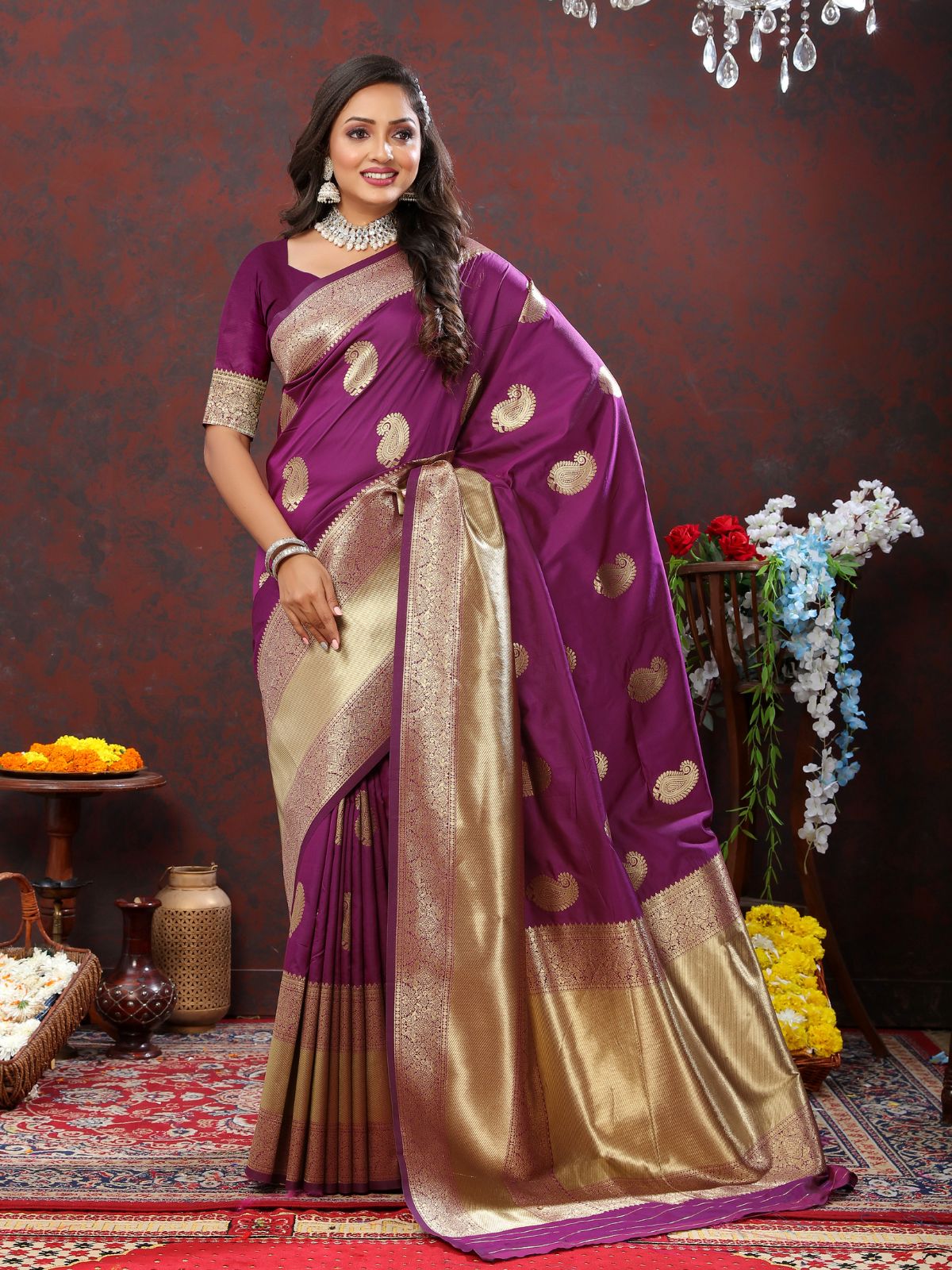 Odette Purple Silk Woven Saree with Unstitched Blouse for Women