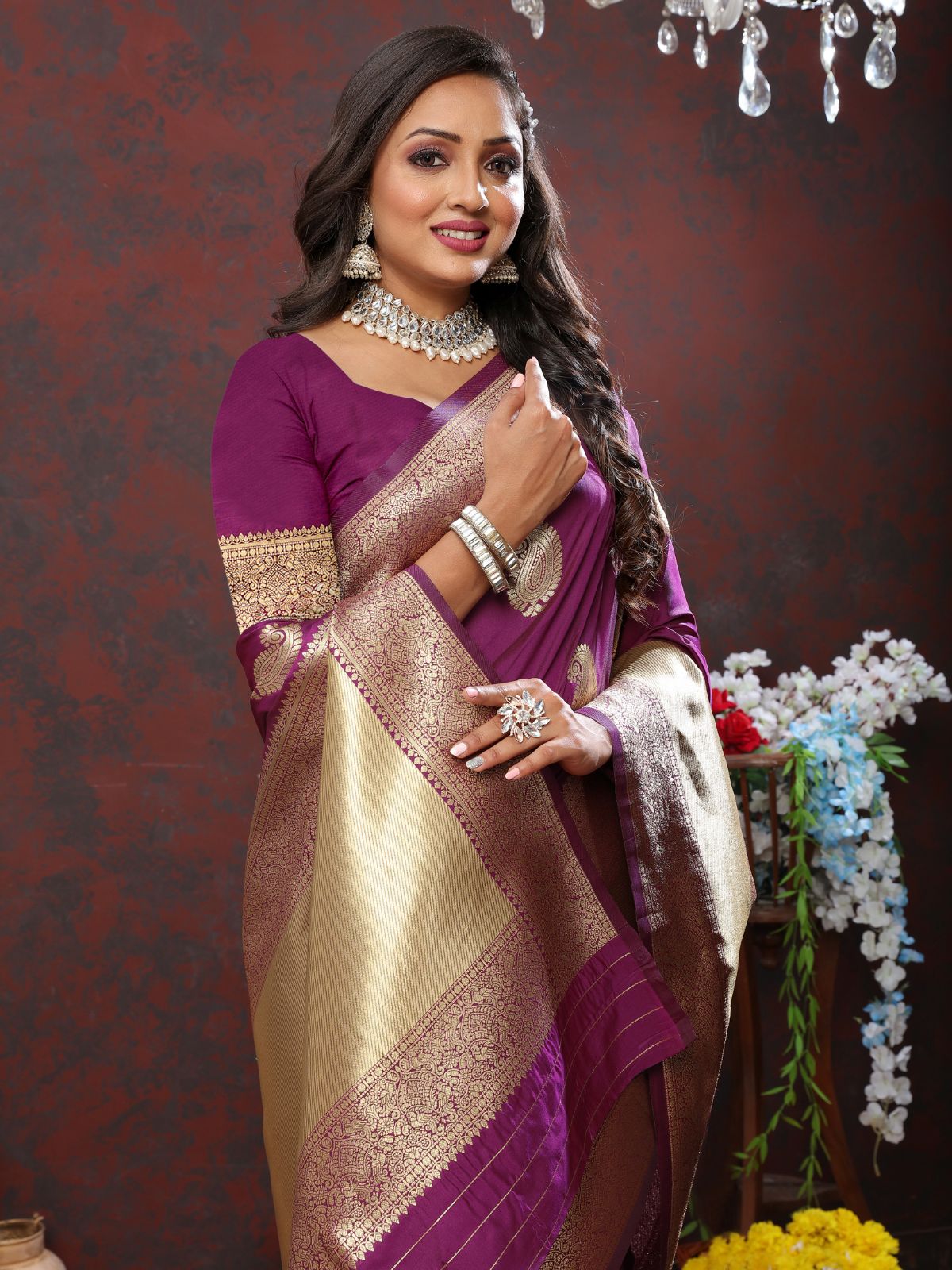 Odette Purple Silk Woven Saree with Unstitched Blouse for Women
