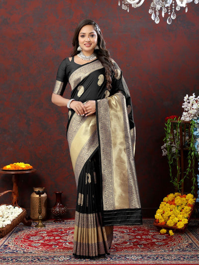 Odette Black Silk Woven Saree with Unstitched Blouse for Women