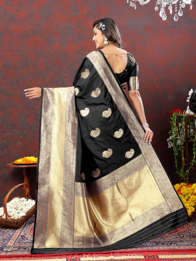 Odette Black Silk Woven Saree with Unstitched Blouse for Women
