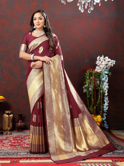Odette Maroon Silk Woven Saree with Unstitched Blouse for Women