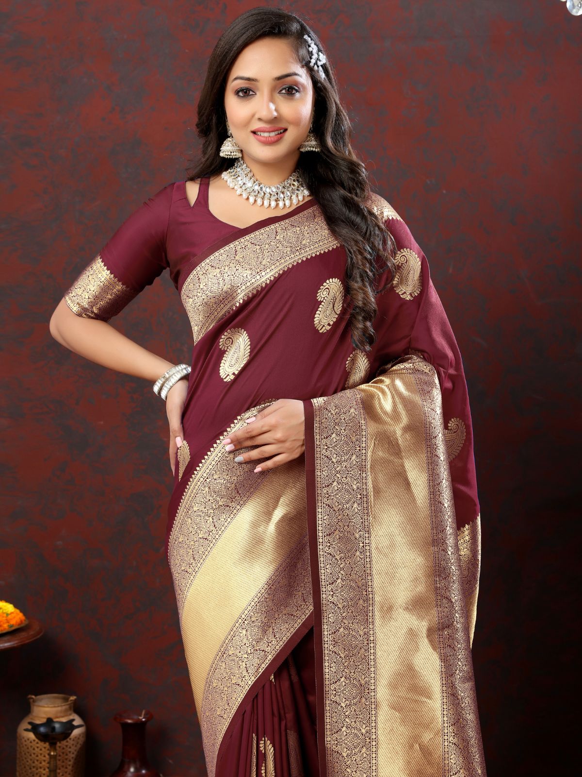 Odette Maroon Silk Woven Saree with Unstitched Blouse for Women