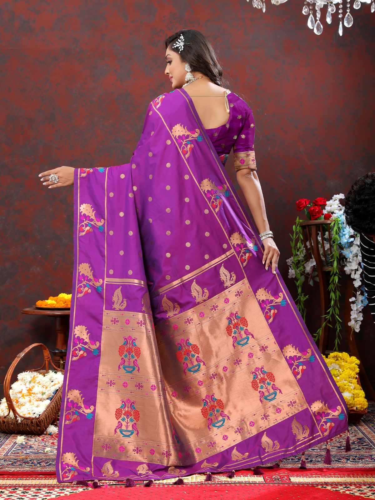 Odette Purple Pathani Silk Woven Saree with Unstitched Blouse for Women