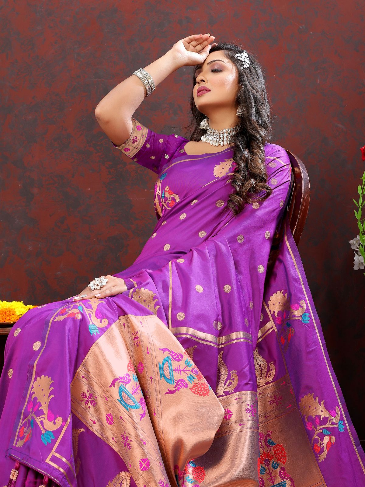 Odette Purple Pathani Silk Woven Saree with Unstitched Blouse for Women