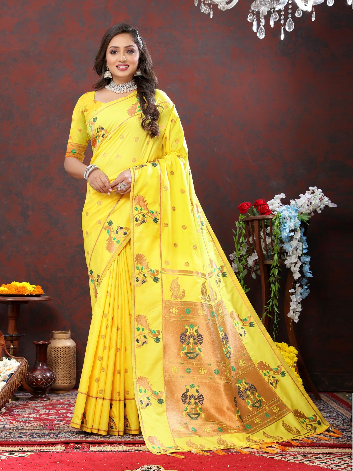 Odette Yellow Pathani Silk Woven Saree with Unstitched Blouse for Women