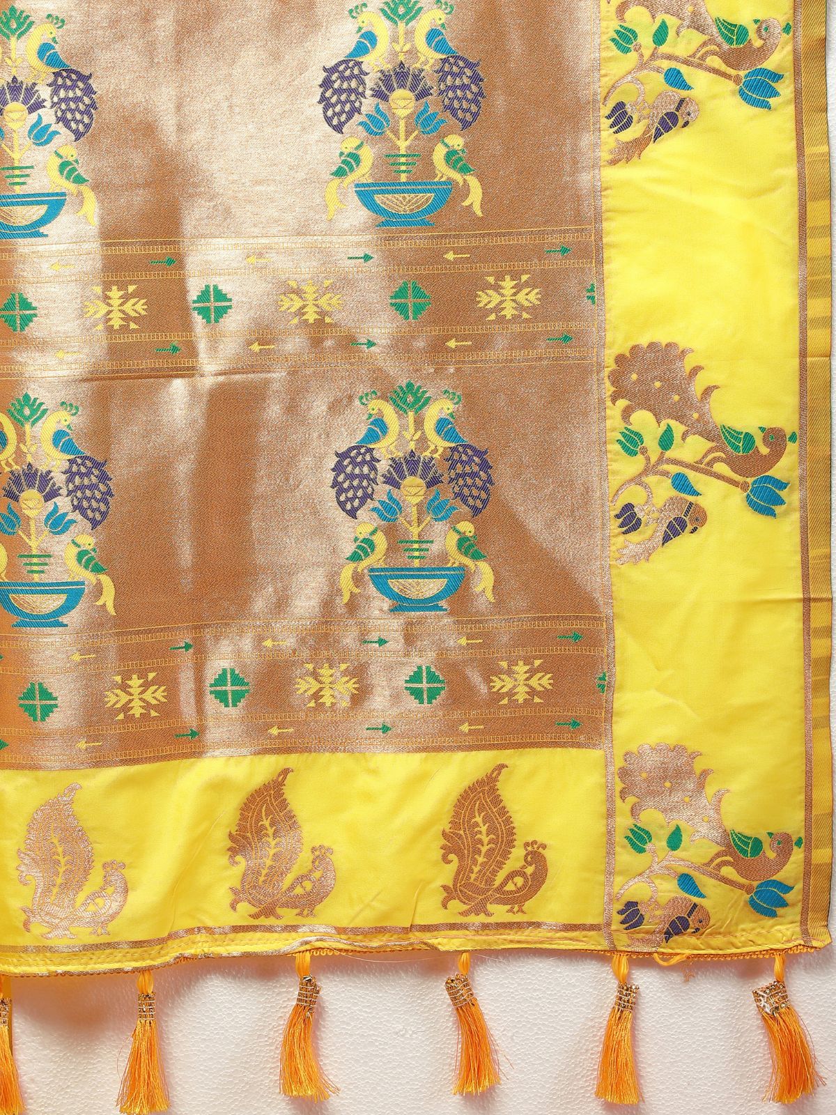 Odette Yellow Pathani Silk Woven Saree with Unstitched Blouse for Women