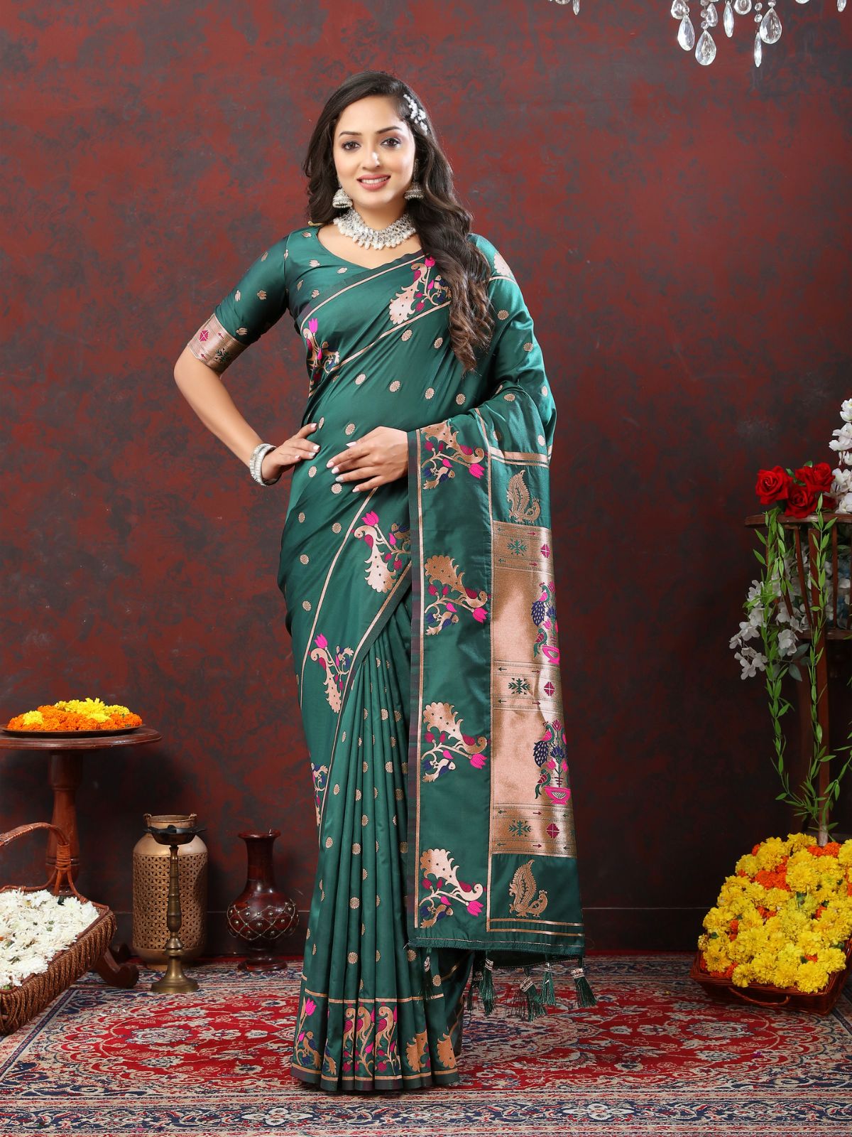 Odette Dark Pathani Silk Woven Saree with Unstitched Blouse for Women