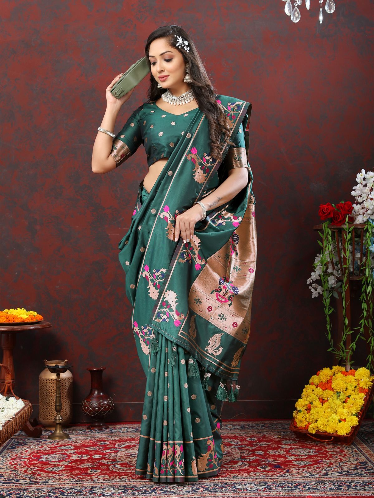 Odette Dark Pathani Silk Woven Saree with Unstitched Blouse for Women