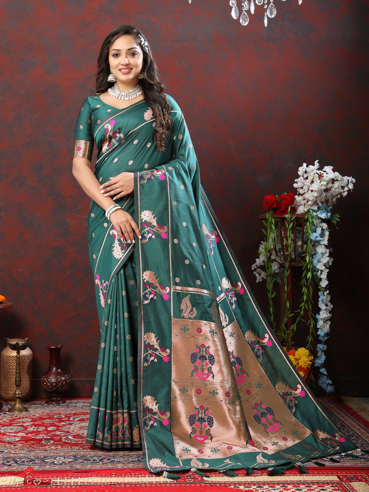 Odette Dark Pathani Silk Woven Saree with Unstitched Blouse for Women