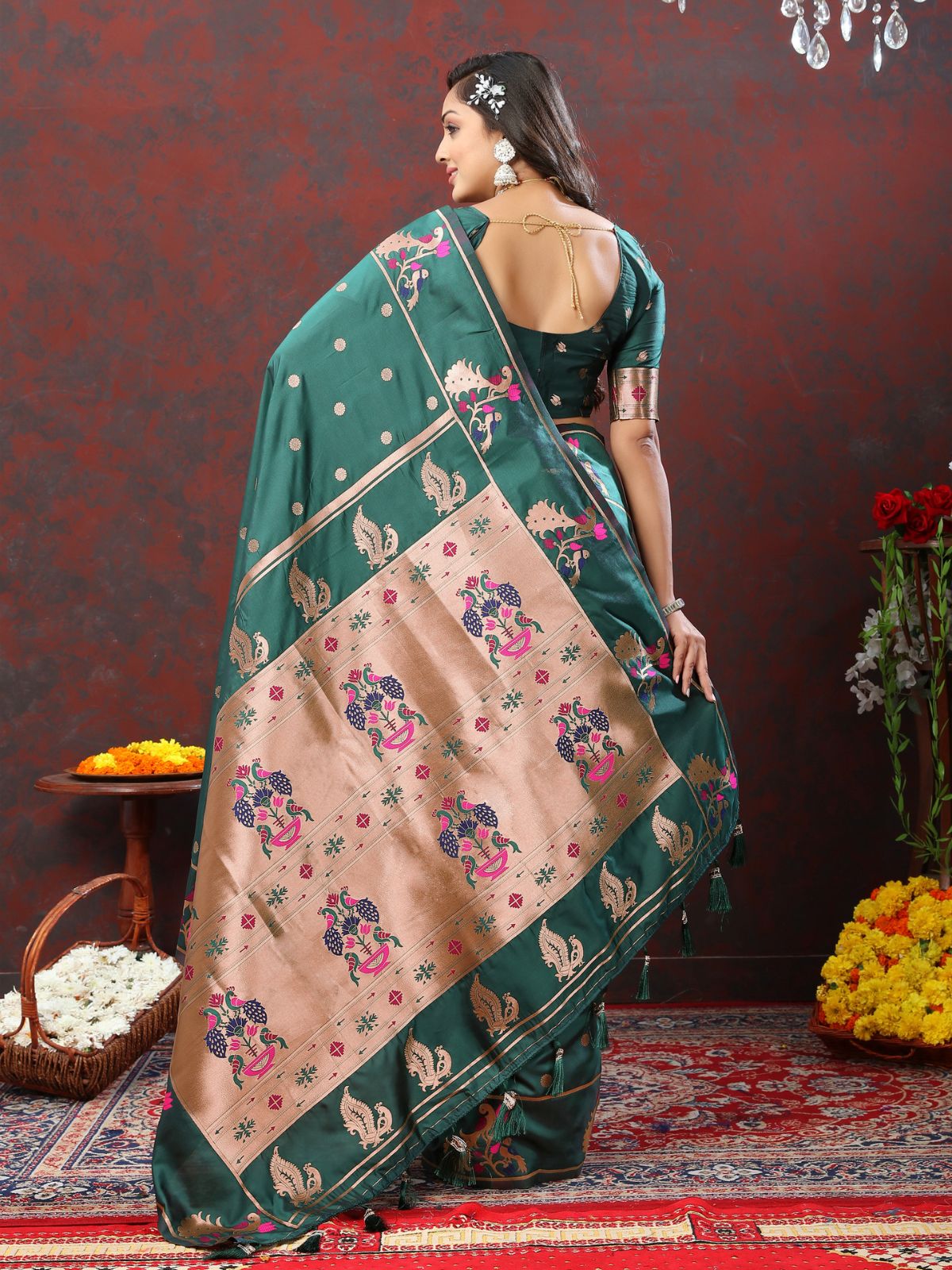 Odette Dark Pathani Silk Woven Saree with Unstitched Blouse for Women