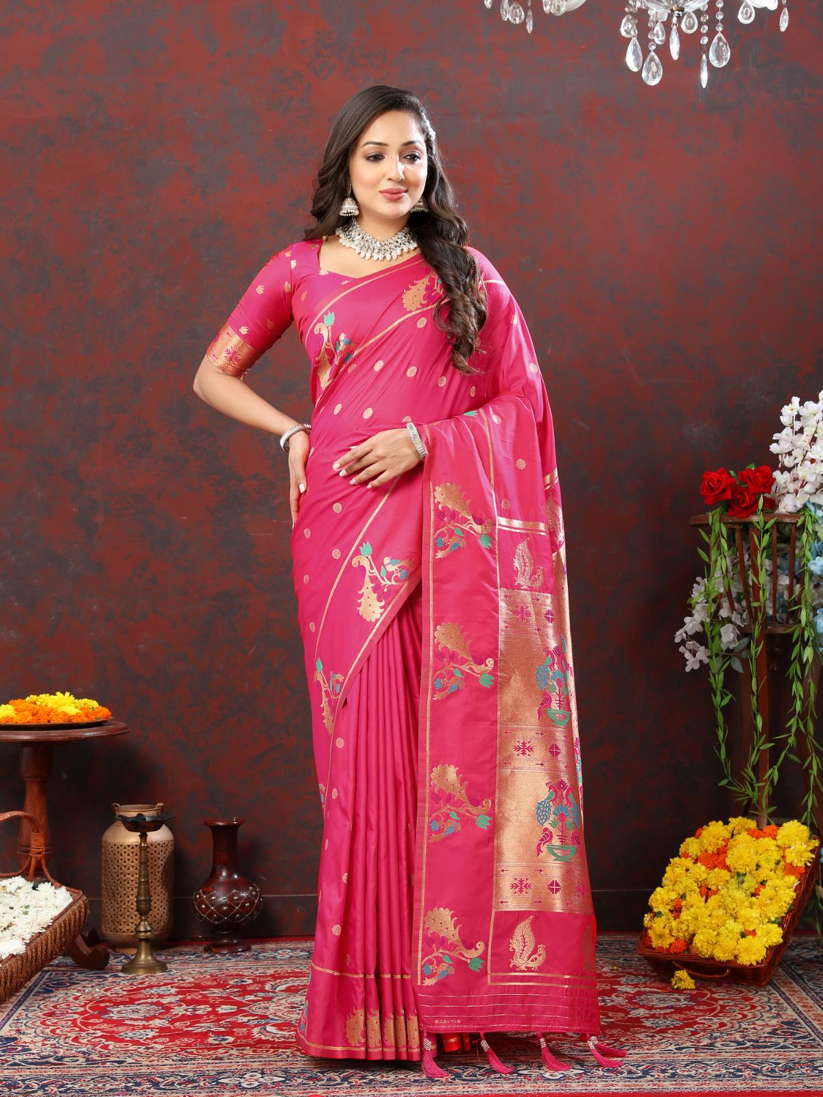 Odette Pink Pathani Silk Woven Saree with Unstitched Blouse for Women