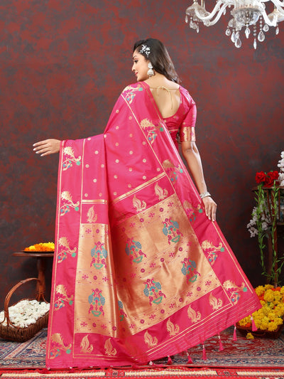 Odette Pink Pathani Silk Woven Saree with Unstitched Blouse for Women