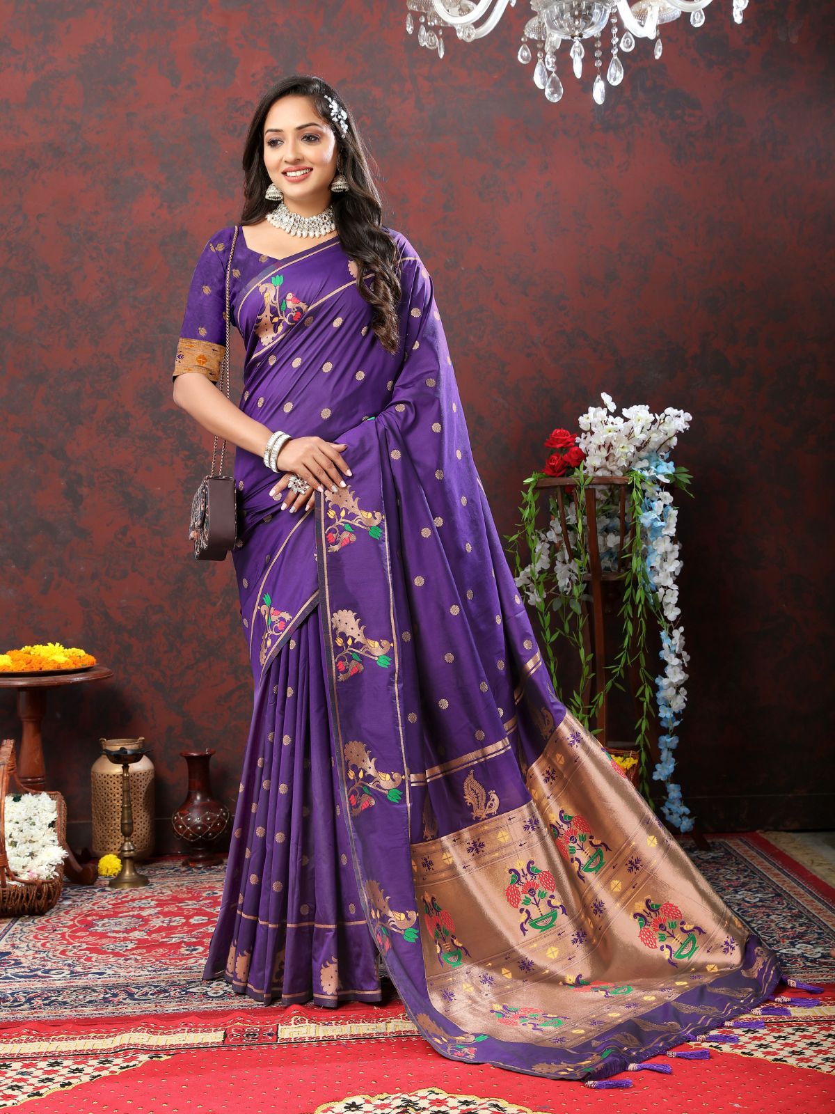 Odette Violet Pathani Silk Woven Saree with Unstitched Blouse for Women