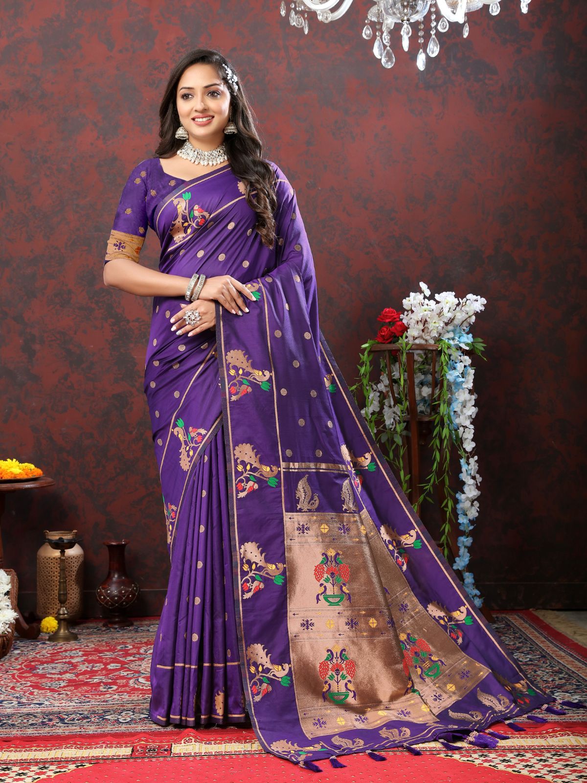 Odette Violet Pathani Silk Woven Saree with Unstitched Blouse for Women